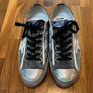 Golden Goose Distressed Silver and Black Sneakers